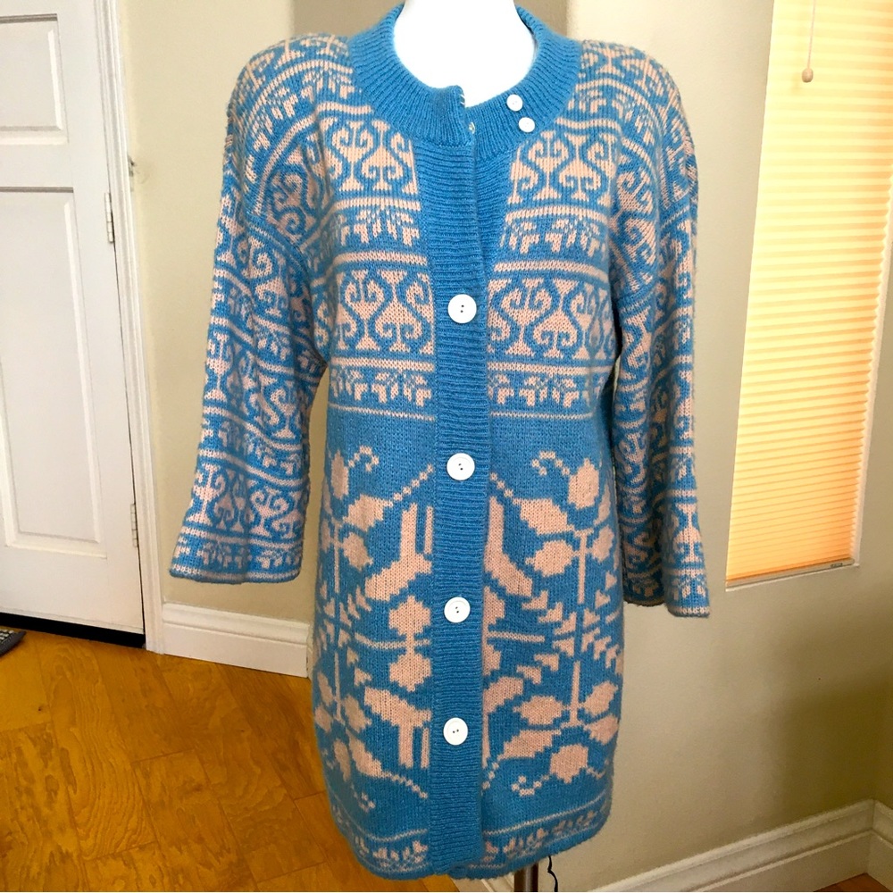 Vintage Pure Vermont Long Sweater Cardigan in Medium Made in Vermont Blue Beige